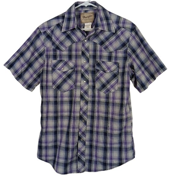 Vintage Wrangler Western Plaid Short Sleeve Shirt Pearl Snap Front Size M Purple - Picture 1 of 7